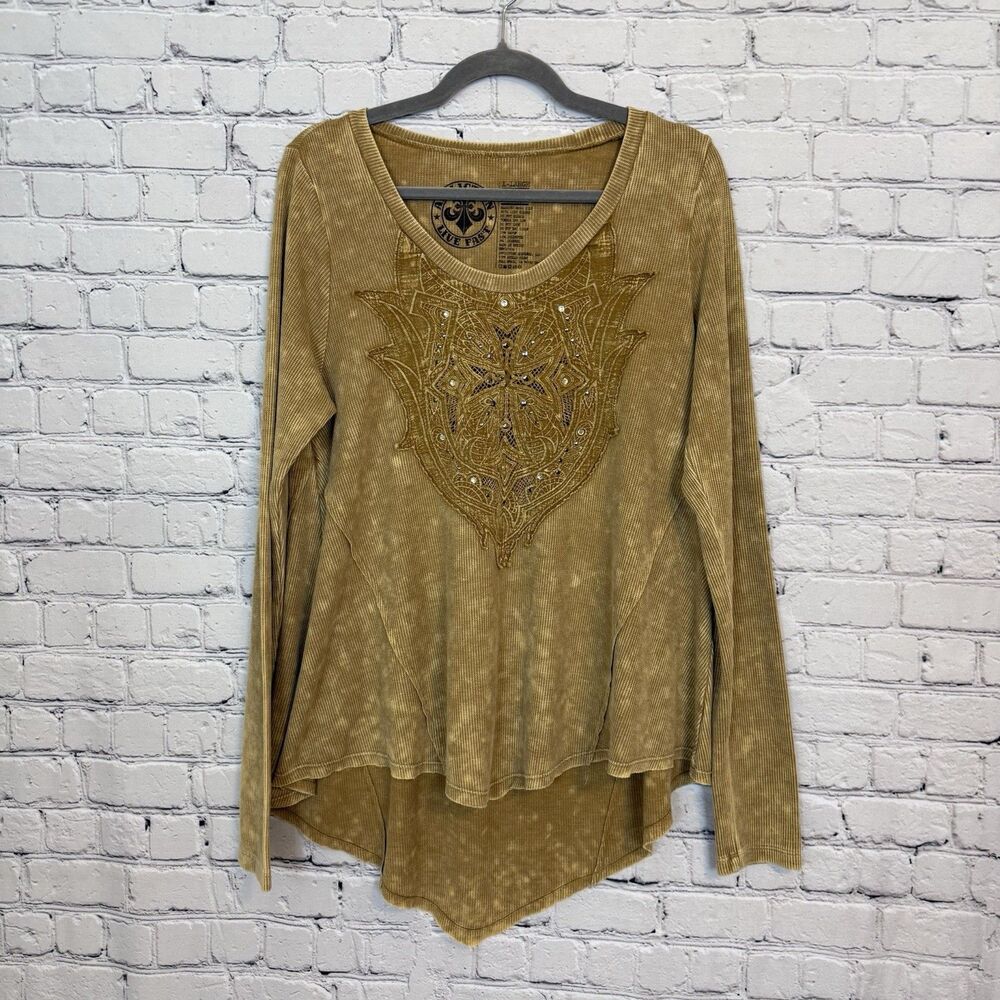 Affliction Live Fast Thermal Top XL Tan Embellished Long Sleeve Asymmetrical Hem